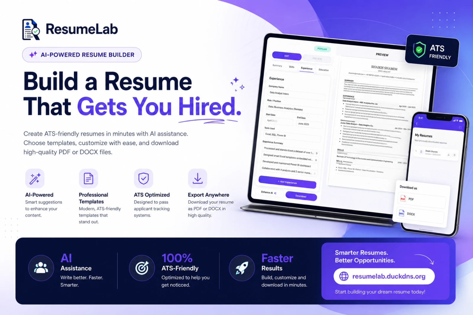 ResumeLab — AI resume builder for ATS-friendly resumes. Create. Customize. Download. Get hired.
