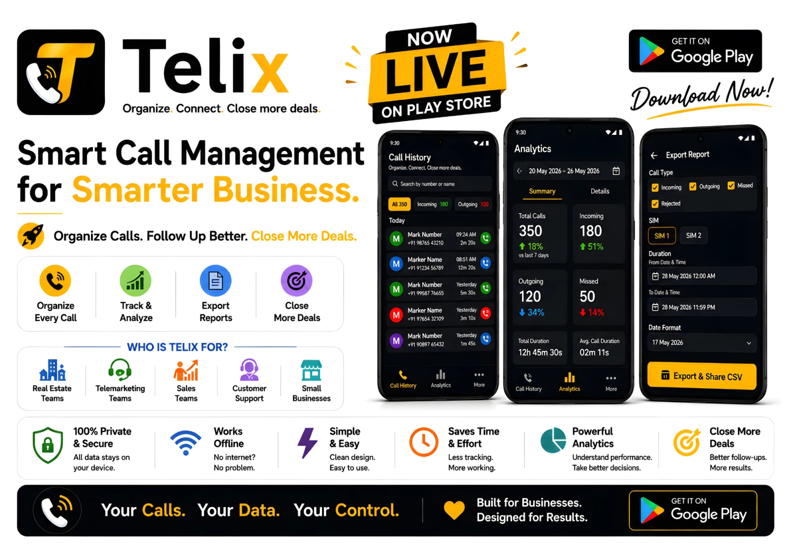 Telix — Android dialer and call tracker app. Every missed call could be a lost deal.